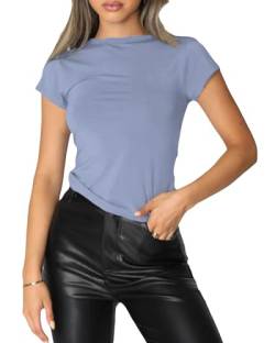 Felcia Damen Skims Dupe T-Shirt Fitted Crop Tops Einfarbig Kurzarm Cropped Baby Tees Sommer Streetwear Y2K Tops, C-light blue, Small von Felcia