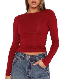 Felcia Damen Skims Dupe T-Shirt Fitted Crop Tops Einfarbig Kurzarm Cropped Baby Tees Sommer Streetwear Y2K Tops, D-rot, Large von Felcia