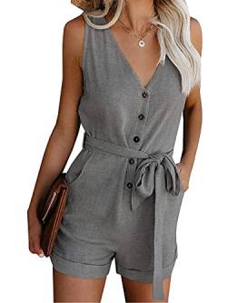 Felcia Damen Sommer Strampler V-Ausschnitt Ärmellos Knopfleiste Leinen Tank Romper Kurz Hose Jumpsuit Gr. X-Large, A-Grau von Felcia