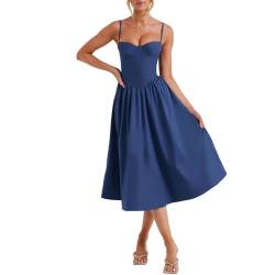 Felcia Damen Spaghettiträger Midi-Kleid, figurbetont, ärmellos, Bustier, Cami-Kleid, Sommer, A-Linie, Party, Cocktail, Strandkleid, L-blau, L von Felcia