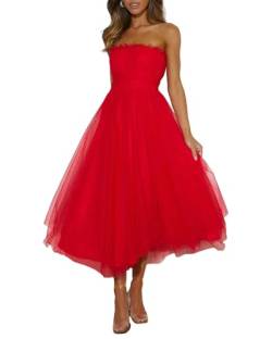 Felcia Damen Trägerloses Tüllkleid Sommer Rückenfrei Party Mesh Kleid Urlaub Thema Partykleid, rot, X-Large von Felcia