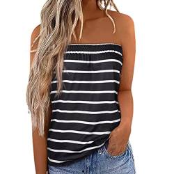 Felcia Damen Tube Tops Ärmellos Trägerlos Rückenfrei Plissee Bandeau Tank Top Sommer Tunika Camis Shirt für Strand Urlaub, A-Black Stripes, 38 von Felcia