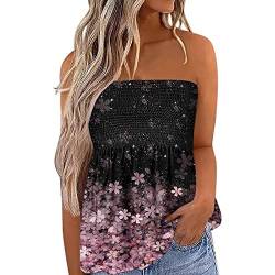 Felcia Damen Tube Tops Ärmellos Trägerlos Rückenfrei Plissee Bandeau Tank Top Sommer Tunika Camis Shirt für Strand Urlaub, B-Rosa Blume, M von Felcia