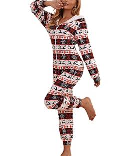 Felcia Damen Weihnachten Pyjama Jumpsuit Knöpfe V-Ausschnitt Langarm Weihnachten Cartoon Gedruckt Einteiler Overall, B-schwarz rot weiß, 36 von Felcia