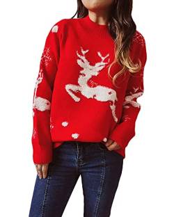 Felcia Damen Weihnachtspullover Baum Elch Muster Rundhals Langarm Weihnachten Strickwaren Winter Neujahr Outfit, A-red, XL von Felcia