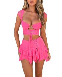 Felcia Damen Y2K 2-teiliges Rock Outfits Kurzarm Hohl Bandage Crop Tops Rosa Mini Faltenrock Set, A-Pink, 32 von Felcia