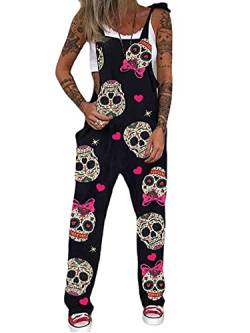 Felcia Frauen Halloween Breites Bein Boho Latzhose Jumpsuits Übergröße Kunstdruck Spaghetti Lose Overalls Playsuits, A-Bowknot Totenkopf, Medium von Felcia