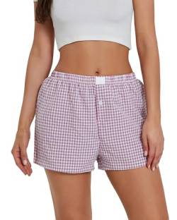 Felcia Y2K Damen-Pyjama-Shorts, niedliches Karomuster, Schlaf-Shorts, elastisch, niedrige Taille, Knopfleiste vorne, Lounge-Shorts, A-purple, Medium von Felcia