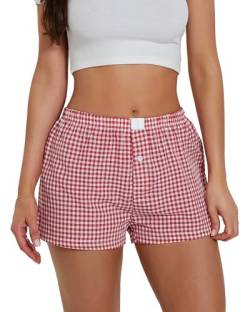 Felcia Y2K Damen-Pyjama-Shorts, niedliches Karomuster, Schlaf-Shorts, elastisch, niedrige Taille, Knopfleiste vorne, Lounge-Shorts, rot (a), Medium von Felcia
