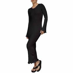 Frauen Gestricktes Langes Kleid Elegante Rüschen Langarm Rückenfrei Bodycon Maxikleid Party Enges Kleid Frühling Herbst Streetwear, A-schwarz, L von Felcia