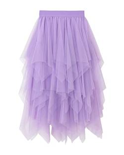 Tüllröcke für Damen, unregelmäßige, gestufte, elastische, geschichtete Mesh-A-Linien-Midiröcke mit hoher Taille (A-Purple, ONE Size) von Felcia