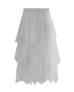 Tüllröcke für Damen, unregelmäßige, gestufte, elastische, geschichtete Mesh-A-Linien-Midiröcke mit hoher Taille (A-White, ONE Size) von Felcia