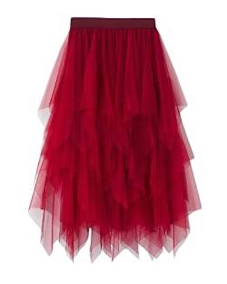 Tüllröcke für Damen, unregelmäßige, gestufte, elastische, geschichtete Mesh-A-Linien-Midiröcke mit hoher Taille (Red, ONE Size) von Felcia