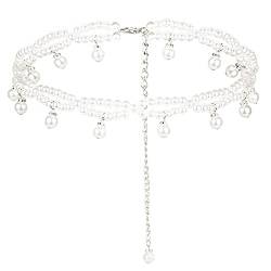 Felite Fnn Frauen 2 Reihen elastischer Perlen-Metallgürtel mit Quasten Abend Hochzeit Brautkleid Taillengürtel, Weiß mit Perlen-Anhänger, Einheitsgröße von Felite Fnn
