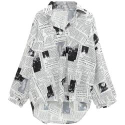 Zeitung Print Shirt einreihig Bluse Revers langärmeliges Top für Sommer Frühling (schwarz, Größe M) von Fenical