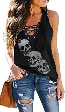 Fensajomon Totenkopf-Shirts für Damen, Tank-Top, ärmellos, Workout, Sommer, bedruckt, lockeres Lauf-T-Shirt, Weste, C-schwarz, Mittel von Fensajomon