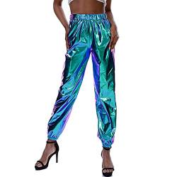Fenyong Glänzende metallische Damenhose, holografische Disko-Jogginghose für 70er-/80er-Jahre, Alien-Weltraum, Cowgirl-Kostüm, blau, Mittel von Fenyong