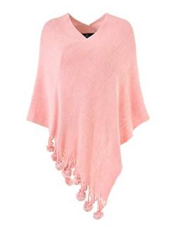 Ferand Damen Gemütlicher Warmer Poncho Pullover mit Mehrweg-Ausschnitt und Süßen Bommeln, One Size, Pink von Ferand