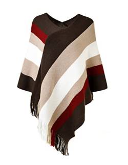 Ferand Damen Gestreifter Poncho Pullover Vielseitiger Schal zum Wickeln mit Fransen für Herbst und Winter - One Size - Braun & Beige von Ferand