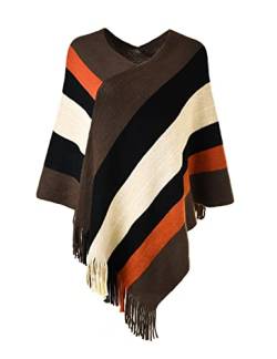 Ferand Damen Gestreifter Poncho Pullover Vielseitiger Schal zum Wickeln mit Fransen für Herbst und Winter - One Size - Braun & Schwarz von Ferand