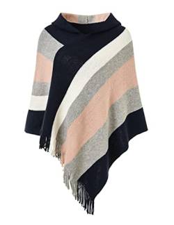 Ferand Damen Gestreifter Poncho Pullover Vielseitiger Schal zum Wickeln mit Fransen für Herbst und Winter - One Size - Stil mit Kapuze: Marineblau & Pink von Ferand