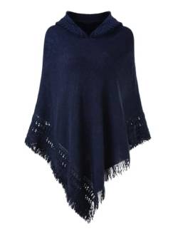 Ferand Damen Kapuzen Poncho mit Häkelborde, Cape für Frauen aus Strickmaterial mit Zierfransen, Navy blau von Ferand