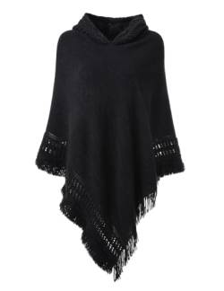 Ferand Damen Kapuzen Poncho mit Häkelborde, Cape für Frauen aus Strickmaterial mit Zierfransen, Schwarz von Ferand