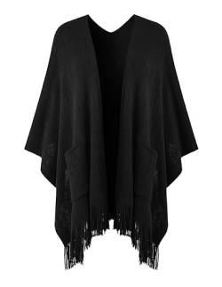 Ferand Damen Poncho Cape mit Taschen vorne offen weich gestrickt Fransen Schal Wrap, Schwarz, Einheitsgröße von Ferand