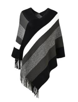 Ferand Gestreift Gestrickter Poncho Schal im Wickeldesign mit gefransten Seiten für Frauen, Schwarz & Grau von Ferand