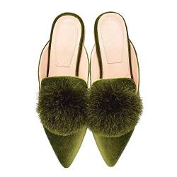 Fericzot Slip On Mule Rückenfrei Loafer Flats Puff Pompon Spitz Toe Freizeitschuhe Slippers, Grün (Grün ), 43 EU von Fericzot