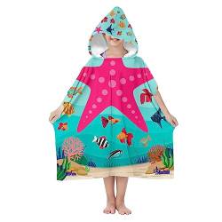 Ferocity Poncho mit Kapuze für Kinder, 70 cm Badeponcho | Robe Bademantel für Mädchen aus Microfaser | Saugfähiger Schnell Trocknender Badetüch mit Bunten Kindermotiv Model Seestern [163] von Ferocity