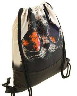 Ferocity Prämie Tasche Turnbeutel Rucksack Sportbeutel Bag Gym-sack Leder glatt schwarz mit Beige Galaxy Sonnenbrille Katze [010] von Ferocity