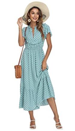 Damen Polka Dots Kurzarm V Ausschnitt Kleider Vintage Boho Maxi Sommerkleid mit Dehnbarer Taille, A-grün, X-Groß von Ferrendo