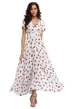 Ferrendo Damen Floral Maxi Kleid Button Up Split Flowy Bohemian Party Strandkleider, Weiße Kirsche, X-Groß von Ferrendo