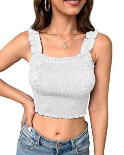 Fessceruna Damen Gesmoktes Tank Tops Sommer Rüschenbesatz Ärmellose Slim Crop Tops von Fessceruna