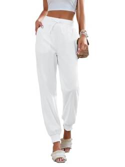 Fessceruna Damen Hose High Waist Leicht Sommerhose mit Kordelzug Freizeithose Baumwolle(Weiß, XL) von Fessceruna