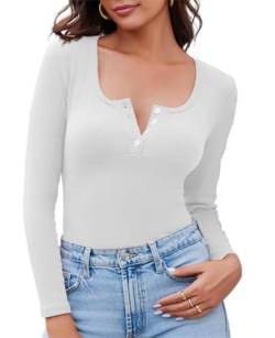Fessceruna Damen Langarmshirt U-Ausschnitt Pullover Geripptes T-Shirt Slim Fit Sweatshirt mit Knöpfen von Fessceruna