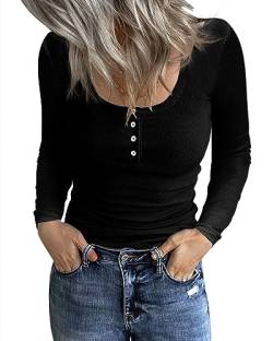 Fessceruna Damen Langarmshirt U-Ausschnitt Pullover Geripptes T-Shirt Slim Fit Sweatshirt mit Knöpfen von Fessceruna