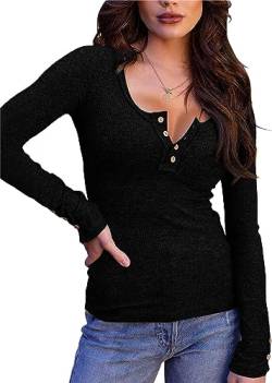 Fessceruna Damen Langarmshirt U-Ausschnitt Slim Fit Henley Shirt Gerippt Oberteile mit Knöpfen Casual von Fessceruna