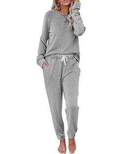 Fessceruna Damen Schlafanzug Langarm Rundhalsausschnitt Freizeitanzug Hausanzug Einfarbig Zweiteiliger Outfit Casual Loungewear Herbst von Fessceruna