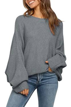 Fessceruna Damen Strickpullover Fledermausärmel Oversized Pullover Rundhalsausschnitt Winter Geripptes Sweatershirt von Fessceruna