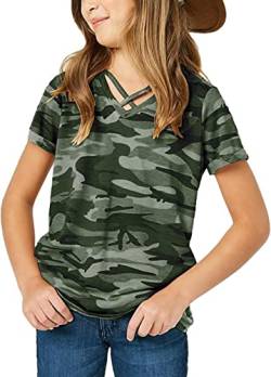 Mädchen Camouflage Kurzarm T-Shirt V Ausschnitt Criss Cross Sport Tops Bluse von Fessceruna
