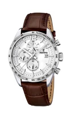 Festina Uhr Für Herren F16760/1 Timeless Chronograph Silber Edelstahl Case BraunLeder Band von Festina