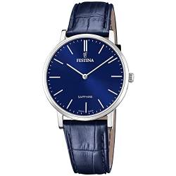 Festina Uhr Für Herren F20012/3 Swiss Made Silber Edelstahl Case BlauLeder Band von Festina