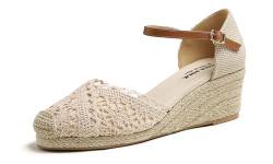 Feversole Slingback Sandalen Damen Espadrilles Plateau Wedges Sandaletten mit Geschlossene Keilabsatz Sommerschuhe Sommer Pumps Frauen Schuhe Beige Keil Stricken häkeln Jute 39 von Feversole