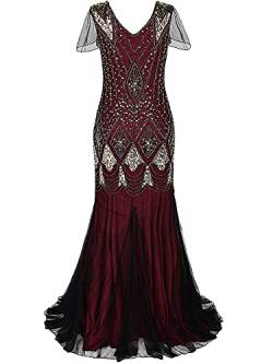 Feynman Damen 1920er Jahre Abendkleid V-Ausschnitt Pailletten Perlen Fransen Kleid, Retro Lange Glitzer Party Kleider Sexy Langarm Maxikleid Elegant Cocktailkleider Party Hochzeit Rot S von Feynman