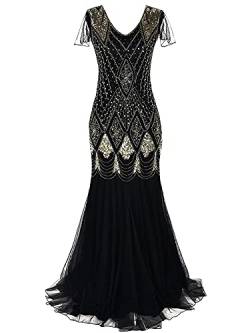 Feynman Damen 1920er Jahre Abendkleid V-Ausschnitt Pailletten Perlen Fransen Kleid, Retro Lange Glitzer Party Kleider Sexy Langarm Maxikleid Elegant Cocktailkleider Party Hochzeit Schwarz L von Feynman