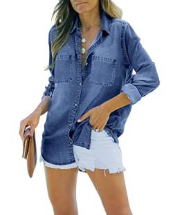 Feziakuk Damen Jeanshemd Button Down Jeansbluse Langarm Weich Denim Hemd Casual Jeansjacke Frühling Herbst Oberteile mit Brusttaschen, Blau M von Feziakuk