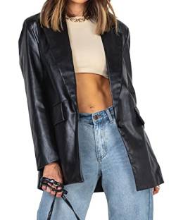 Feziakuk Damen Kunstleder Blazer Jacke Langarm Knopfleiste Oversized Blazer Reverskragen PU Leder Mantel Vintage Oberbekleidung, Schwarz XL von Feziakuk