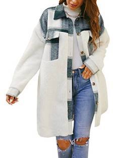 Feziakuk Damen Mantel Flanell Dufflecoat Lässiges Revers Kariert Jacke Warme Mittellange Wollmantel Herbst Winter Einreihiger Kaschmirmantel Frauen Wintermantel, Dunkelgrün S von Feziakuk